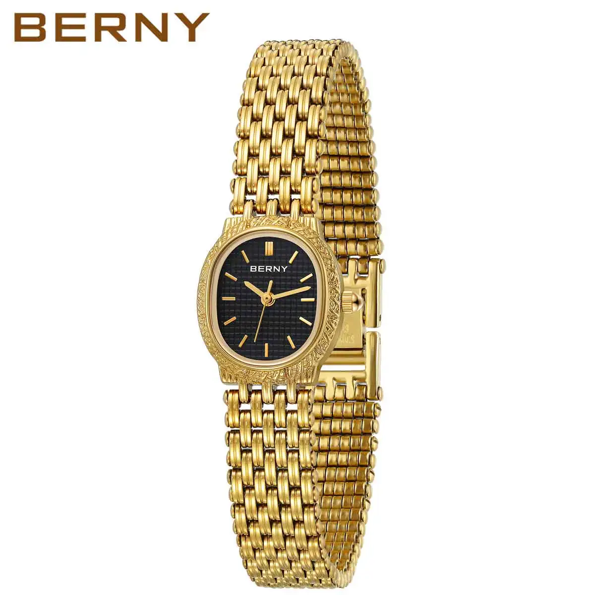 BERNY Damen-Quarzuhr, goldenes Edelstahlarmband, luxuriöse elliptische Armbanduhr, wasserdicht, einfache Retro-Kleideruhr für Damen Image