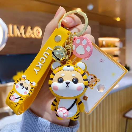 Neue Tiger Muster Mantel Shiba Inu Hund Keychain Cartoon PVC Tier Spielzeug Schlüsselbund für Frauen