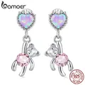 Bamoer 925 Sterling Silber Liebe Bear Stud Ohrringe für Frauen Nette Rosa Anhänger Tropfen Ohrringe