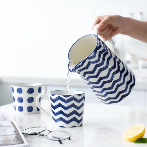 1 5 L Blau Keramik Wasser Krug Milch Tee Saft Flasche Haushalt Küche Wasser Topf Wasserkocher Becher