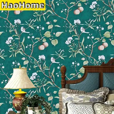 HaoHome Pfirsich Baum Schälen und Stick Tapete Grüne Tapete Moderne Blume & Vogel Wasserdicht Image