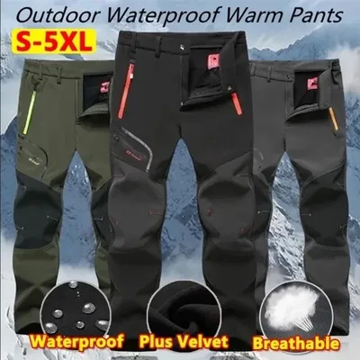 Thin/Thick 2 Styles Men'S Waterproof Pants Outdoor Hiking Camping Fishing Sports Trousers Male Softshell Warm Fleece Cargo Pants