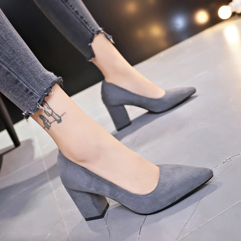 New Women Pumps Flock Sweet Thick High Heels Female Sexy Office Pointed Toe Dress Work Pump Cute Shoes Ladies Footwear