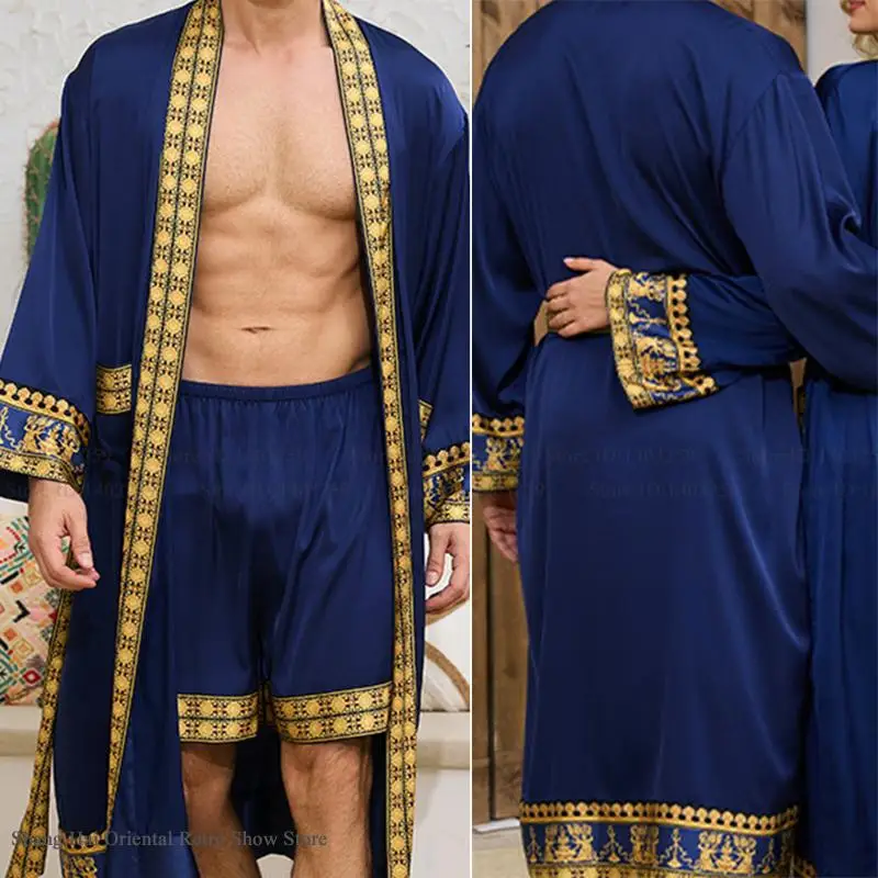 Frühling Neue Männer Robe Kimono Bademantel Kleid Barock Stil Seide Satin Nachtwäsche Hause Kleidung Lose Beiläufige Loungewear Nachtwäsche Image