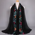 2023 Autumn Fashion Embroider Viscose Scarf Women Plain Stitch Cotton Scarves Shawl Navy Blue Flower