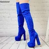 Ahhlsion Neue Damen-Winter-Oberschenkelstiefel mit seitlichem Reißverschluss, klobige Absätze, runde Zehen, schöne blaue rote Cosplay-Schuhe für Damen, US-Größe 5–20