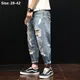 Men Summer Ripped Ankle Length Plus Size Jeans 38 40 42 Harem Holes Hip Hop Trousers Denim Scratched