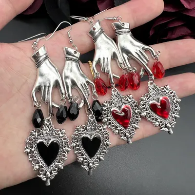 Vintage Large Hand Witch Vampire Ghost Heart Magic Mirror Skeleton Drop Earrings With Red Blood Drop