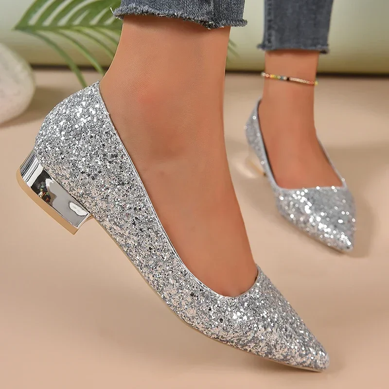 Silber Low Heels Pumps Frauen Frühling Herbst Glänzende Pailletten Spitz Party Schuhe Frau Plus Größe Einfache Dicken Schuhe Mit Hohen Absätzen dame
