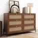 Modern Cannage Rattan Wood Closet 6-Drawer Dresser Wood Storage Cabinet Sideboard for Bedroom, Entryway, Hallway, Walnut