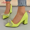 Aphixta grün bling Kristalle Bowknot Blumen 7cm quadratische Absätze Pumps Frauen Schuhe Studenten & Erwachsene spitzen Zehen plus Größe 30-50