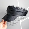 Mesh PU Leather hats Female Vintage Elegant Flat Top Navy Hat Women Gothic Fashion British Punk