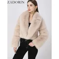 ZADORIN Luxury Designer Clothing Women Cropped Black Faux Fox Fur Coat Women Long Sleeve Fluffy Faux