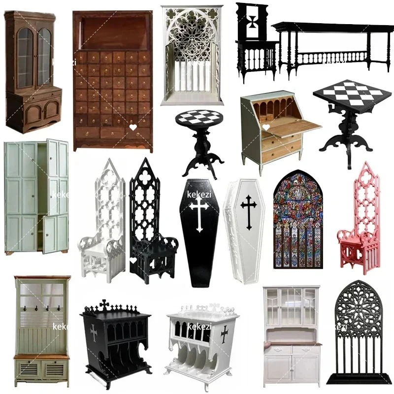 Miniatur Puppenhaus DIY Möbel Material Tasche Blythe Gothic Kirche Fenster niedrigen Schrank Schachbrett Tisch Barock Sarg Puppe Box
