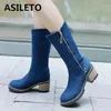 Asileto Stiefel Frauen dicke High Heels Frühling Sommer Schuhe Mitte der Wade blau Stoff Stiefeletten Western Cowboy Jeans Botas Mujer groß