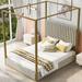Queen Size Four Poster Bed Upholstered Canopy Bed with Headboard, Modern Metal Platform Bed Frame for Bedroom Apartment, Beige