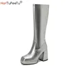 Silber Gold kniehohe Stiefel Frauen vier Jahreszeiten 10cm klobige Absätze Schuhe quadratische Zehen lange Stiefeletten große Größe 48 Botas Mujer