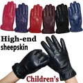Children's leather gloves boys and girls sheepskin gloves warm winter plus thick velvet glChioves