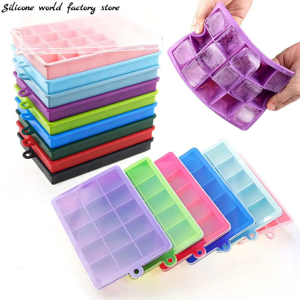 Silikonwelt Silikon-Eiswürfelform, 15/24 Gitter, quadratisch, mit Deckel, Tabletts, Eis, kalte Getränke, Whiskey, Cocktails, Werkzeuge, Eisform Image