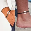 CIRCLE CHARM ROPE ANKLETS FOR MEN BLACK ROPE WITH SILVER COLOR CIRCLE ADJUSTABLE BRACELET UNISEX