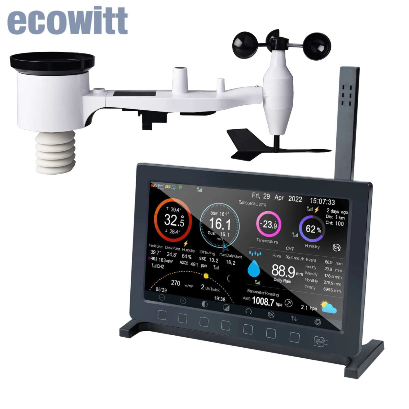 Ecowitt HP2561 WLAN-Wetterstation für Innen und Außen, mit 7-in-1 Kabelloser Solarbetriebener Wetterstation und 7'' TFT-Anzeigekonsole Image