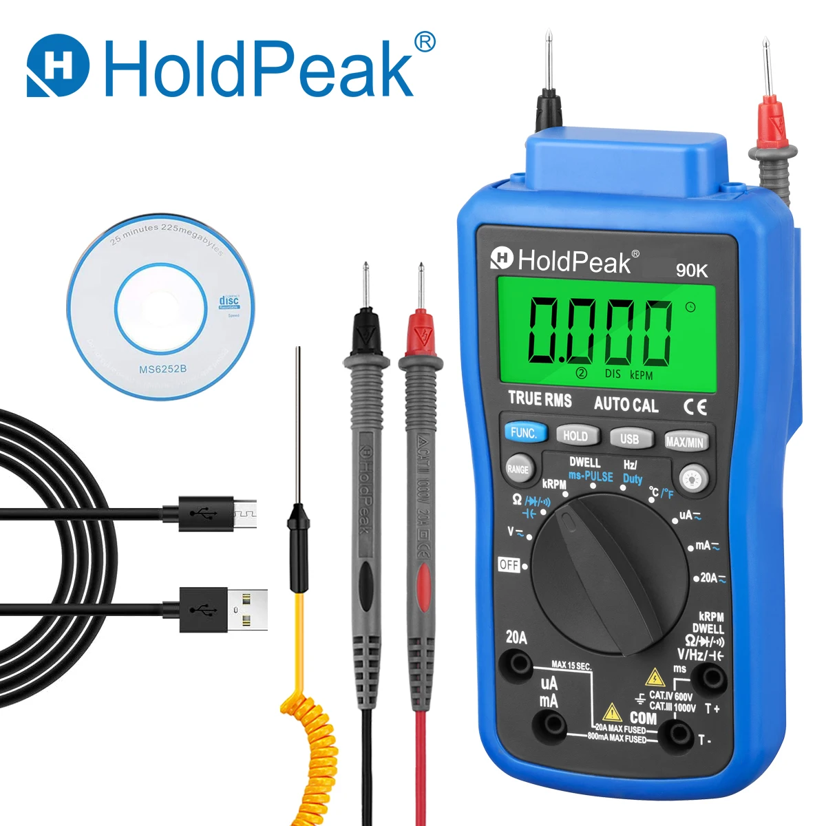 HoldPeak HP-90K Motoranalysator-Tester, Auto-Range-Auto-Diagnosetool mit Datenausgang durch USB, Kfz-Multimeter, Multimetro Image