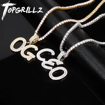 TOPGRILLZ Nach Name Baguette Stein Buchstaben Hip Hop Anhänger Kette Gold Silber Bling Zirkonia