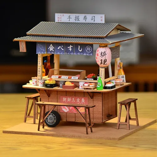 DIY Holzpuppe nhaus japanische Sushi Store Miniatur Baukasten Grill Frühstück Puppenhaus mit Möbel