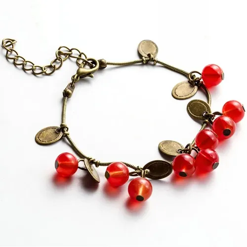 Vintage Süße Nette Rote Kirsche Charme Armbänder für Frauen Kleine Münze Perle Schöne Armband