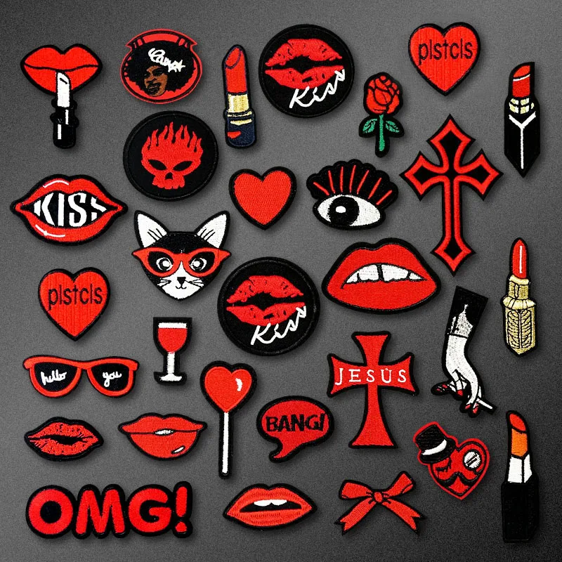 Cross Kiss Lipstick DIY Cloth Badges Patch Embroidered Applique Sewing Clothes Stickers Apparel Accessories Badge Patches