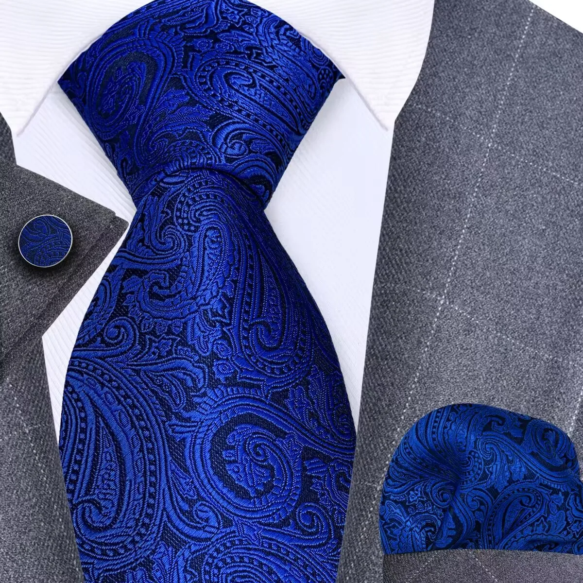 GUSLESON 8 cm Blau Schwarz Rosa Männer Krawatten Einstecktuch Manschettenknöpfe Set Paisley Seidenkrawatte Hochzeit Business Geschenk Krawatte Zubehör Image