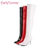 Heiße Marke Neue Winter Glänzend Schwarz Rot Frauen Oberschenkel Hohe Stiefel Sexy Lady Tanzen Pole Schuhe ET72 Hohe Ferse Plus große Größe 10 32 43 48