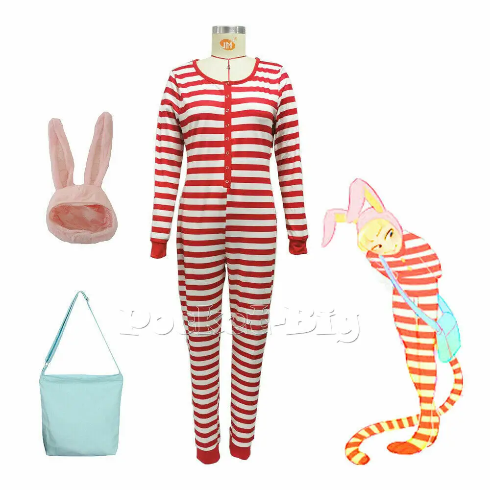 Popee The Performer Cosplay-Kostüm mit Tasche, weiß und rot gestreifter Pyjama, Overall, Plüsch-Hasenohr mit Schwanz, Weihnachtsnacht