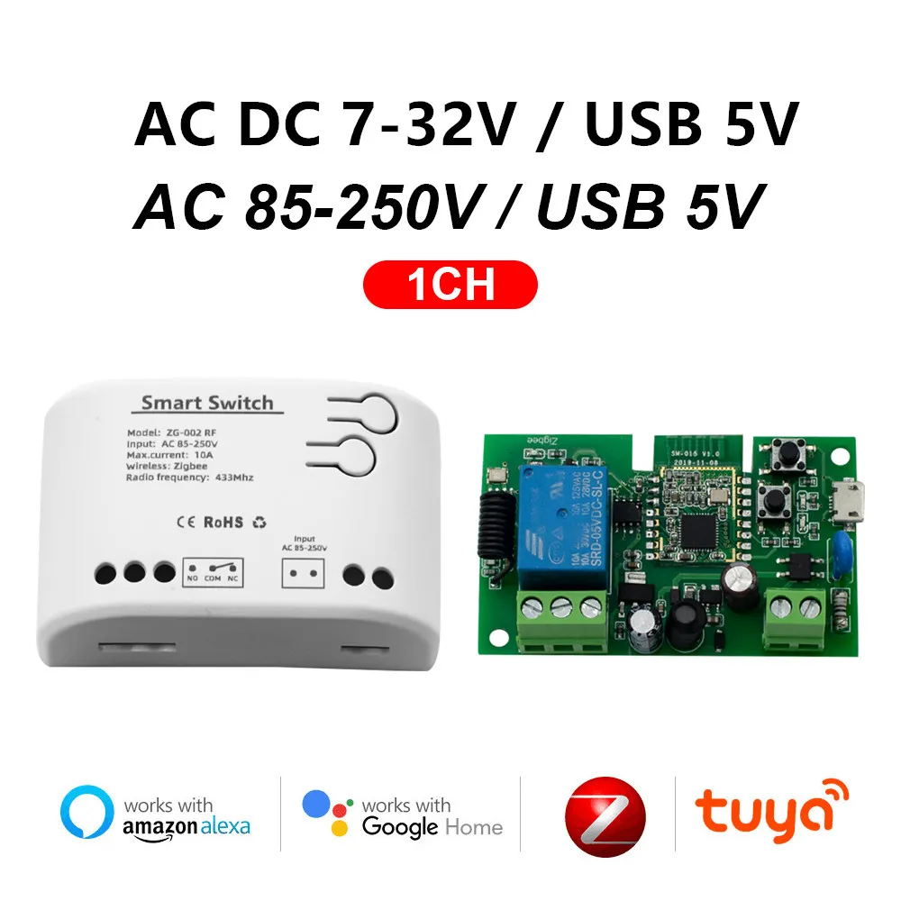Tuya Zigbee Garagentor Empfänger 1CH RF Smart Switch 7-32 V 220 V Fernbedienung 433 Licht 10A Rele Relais Verriegelung Selbst-Locking Image