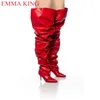Herbst rot plissiert Frauen Oberschenkel hohe Stiefel sexy Damen Party Schuhe über dem Knie Stiefel High Heels Chaps lange Stiefel Frau