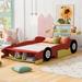 Twin/Full Size Race Car-Shaped Platform Bed with Wheels, Wood Platform Bed Frame w/ Storage Footboard, Floor Bed for Kids Teens