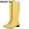 REAVE CAT Kniehohe Stiefel für Damen, spitzer Zehenbereich, klobige Absätze, Slip-on, große Größe 34–43, blau, gelb, prägnant, S2737