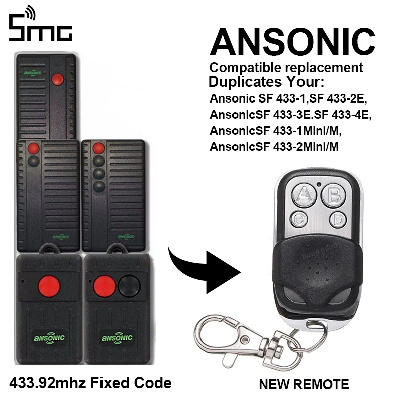 Für ANSONIC SF 433-1, SF 433-2E, 433-3E. SF 433-4E, SF 433-1Mini/M Garagentor-Fernbedienung 433,92 MHz Festcode-Sender Image