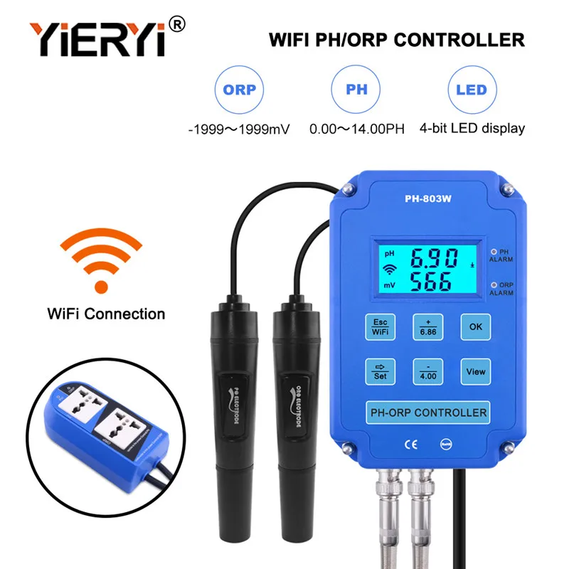 Yieryi Digitaler PH WiFi ORP Redox 2-in-1-Controller, Monitor, Ausgangsleistungssteuerung, Elektrodensonde, BNC für Aquarien Image