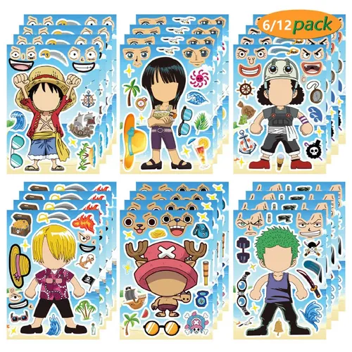 6/12 Blatt Anime ein Stück Make-a-Face Puzzle Aufkleber coole Cartoon Ruffy montieren Puzzle DIY