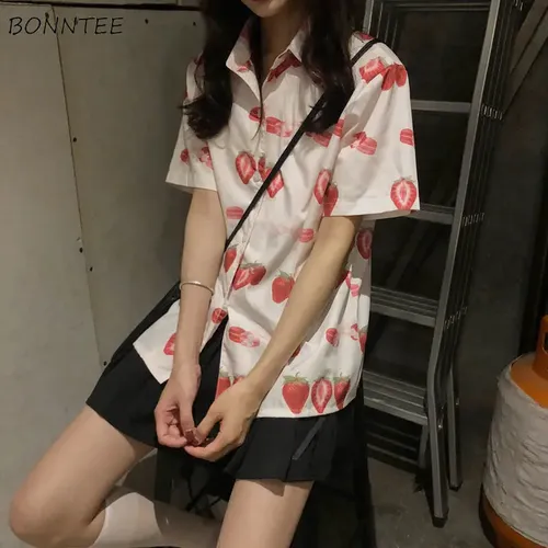 Shirts Frauen Sommer Mode Alle-spiel Erdbeere-gedruckt Casual Fit Koreanische Stil drehen-unten
