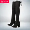 QUTAA Neue Flock Leder Frauen Über Das Knie Stiefel Lace Up Sexy High Heels Herbst Frau Schuhe Winter Frauen Stiefel Größe 34-43
