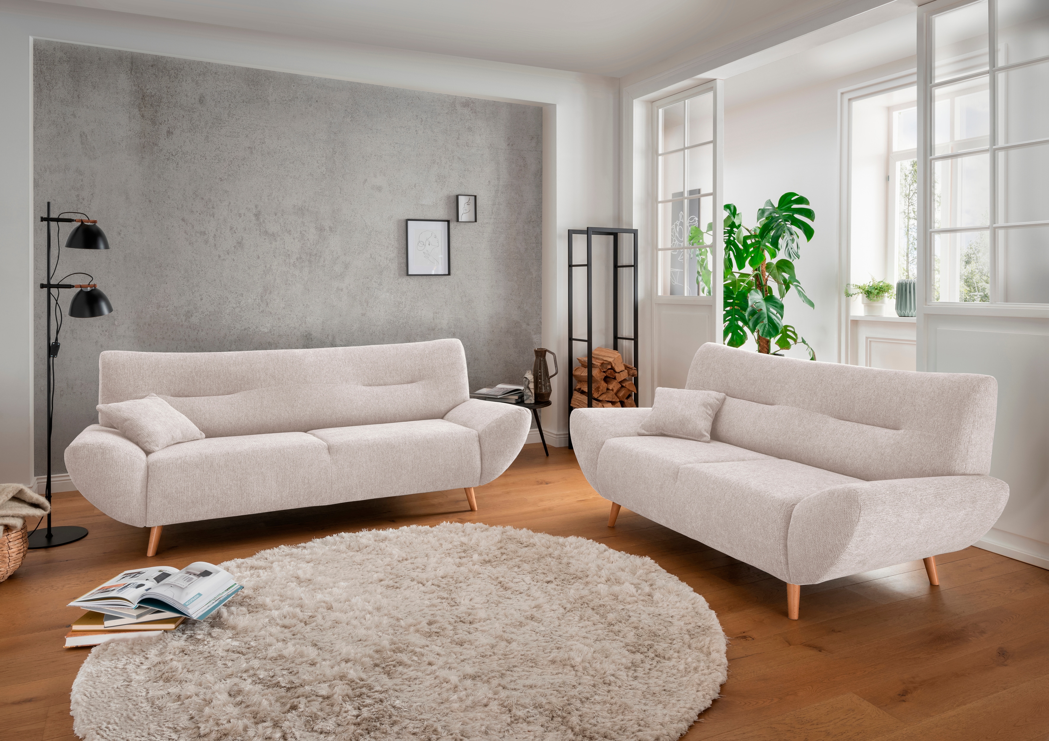 Polstergarnitur INOSIGN "Drago, modern und zeitlos, aktuelle Formensprache, komfortabel", beige (creme,), H:81cm T:90cm, 100% Polyester, Sitzmöbel-Sets, als Sessel/Polsterecke erhältlich, versch. Stoffe, inkl. 2 Zierkissen