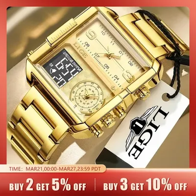 Lige luxus original herren sport armbanduhr gold quarz stahl wasserdicht dual display uhren für