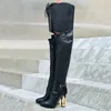 Marke Riemchen Hohl schnalle Dekoration schwarz über Knie Frauen Stiefel 10cm High Heel Modenschau Stiefel Größe 43 sexy Frau Schuhe