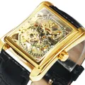 Gewinner klassische Skelett mechanische Uhren Rechteck Retro Gold Uhr für Frauen Luxus Leder armband