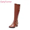 Winter Marke Neue Glamour Braun Rot Frauen Kniehohe Reitstiefel Chunky Heels Dame Schuhe EL1 Plus Kleine Große Größe 12 31 43 52
