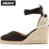 SIMLOVEYO Leinwand Frühling Damen Schuhe Ankle Strap Espadrille Sandalen Keile Ferse Flachs Hanf