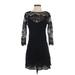 BB Dakota Cocktail Dress - Party Crew Neck 3/4 sleeves: Black Print Dresses - Women's Size 6