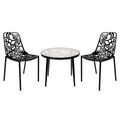 LeisureMod Devon Mid-Century Modern 3-Piece Aluminum Outdoor Patio Dining Set with Tempered Glass Top Table and 2 Stackable Flower Design Chairs for Patio, Poolside, Balcony, and Backyard Garden - Leisurmod DT20CBL